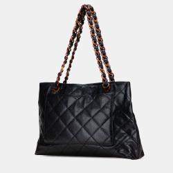 Pre Owned Chanel Black CC Quilted Caviar Tortoise Chain Tote