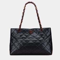 Pre Owned Chanel Black CC Quilted Caviar Tortoise Chain Tote