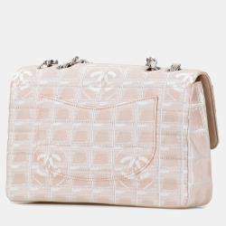 Pre Owned Chanel Beige Brown Medium New Travel Line Nylon Single Flap