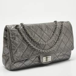 Pre Owned Chanel Metallic Grey Quilted Aged Leather 227 Reissue 2.55 Flap Bag