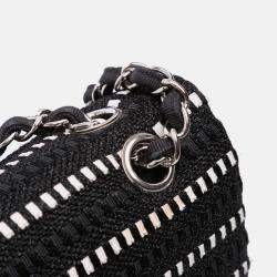 Pre Owned Chanel Black Medium Classic Tweed Striped Ribbon Double Flap