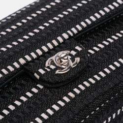 Pre Owned Chanel Black Medium Classic Tweed Striped Ribbon Double Flap