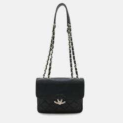 Pre Owned Chanel Half Coco Mark Double Chain Black Leather Shoulder Bag