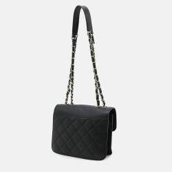 Pre Owned Chanel Half Coco Mark Double Chain Black Leather Shoulder Bag