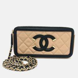 Pre Owned Chanel Filigree Long Beige Caviar Leather Wallet On Chain
