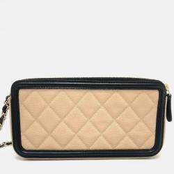 Pre Owned Chanel Filigree Long Beige Caviar Leather Wallet On Chain