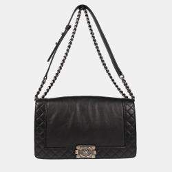 Pre Owned Chanel Boy Reverso Medium Black Leather Shoulder Bag
