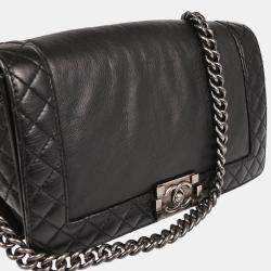 Pre Owned Chanel Boy Reverso Medium Black Leather Shoulder Bag
