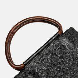 Pre Owned Chanel Black CC Caviar Wood Top Handle Tote