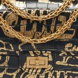 Pre Owned Chanel Black/Gold Graffiti Croc Embossed Leather Mini Reissue 2.55 Flap Bag