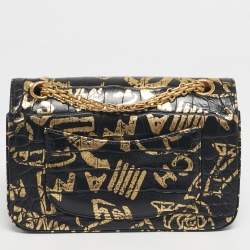 Pre Owned Chanel Black/Gold Graffiti Croc Embossed Leather Mini Reissue 2.55 Flap Bag