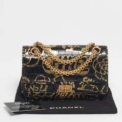 Pre Owned Chanel Black/Gold Graffiti Croc Embossed Leather Mini Reissue 2.55 Flap Bag
