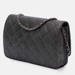 Pre Owned Chanel Black Quilted Metallic Caviar Golden Class Wallet On Chain