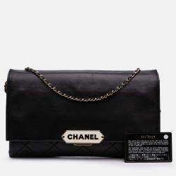 Pre Owned Chanel Black Quilted Lambskin Retro Label Shoulder Bag