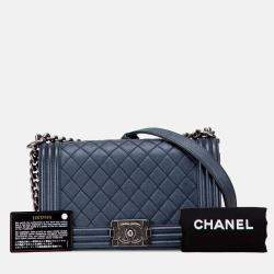 Pre Owned Chanel Blue Old Medium Quilted Lambskin Boy Flap