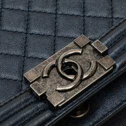 Pre Owned Chanel Blue Old Medium Quilted Lambskin Boy Flap