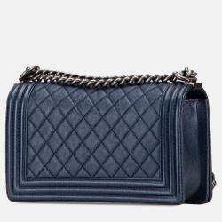 Pre Owned Chanel Blue Old Medium Quilted Lambskin Boy Flap