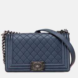 Pre Owned Chanel Blue Old Medium Quilted Lambskin Boy Flap