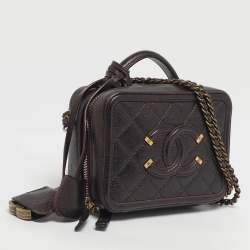 Pre Owned Chanel Burgundy Quilted Caviar Leather Small CC Filigree Vanity Case Bag