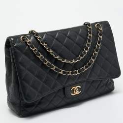 Pre Owned Chanel Black Quilted Caviar Leather Maxi Classic Single Flap Bag