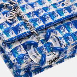 Pre Owned Chanel Blue Quilted Boucle Tweed Charm Wallet On Chain