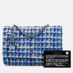 Pre Owned Chanel Blue Quilted Boucle Tweed Charm Wallet On Chain