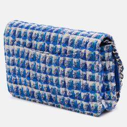 Pre Owned Chanel Blue Quilted Boucle Tweed Charm Wallet On Chain
