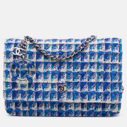 Pre Owned Chanel Blue Quilted Boucle Tweed Charm Wallet On Chain