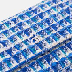 Pre Owned Chanel Blue Quilted Boucle Tweed Charm Wallet On Chain