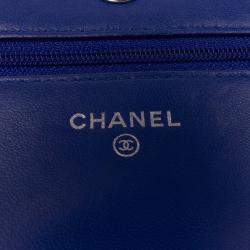 Pre Owned Chanel Blue Quilted Boucle Tweed Charm Wallet On Chain