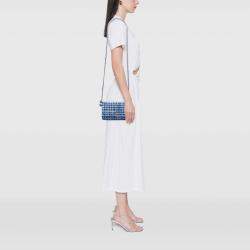 Pre Owned Chanel Blue Quilted Boucle Tweed Charm Wallet On Chain