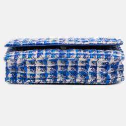 Pre Owned Chanel Blue Quilted Boucle Tweed Charm Wallet On Chain