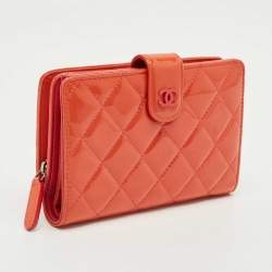 Pre Owned Chanel Orange Quilted Patent Leather CC French Wallet