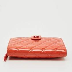 Pre Owned Chanel Orange Quilted Patent Leather CC French Wallet
