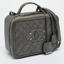 Pre Owned Chanel Grey Quilted Caviar Leather Large Filigree Vanity Bag