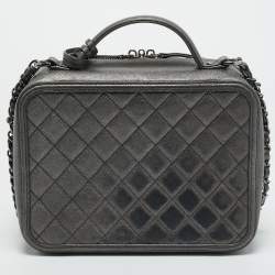Pre Owned Chanel Grey Quilted Caviar Leather Large Filigree Vanity Bag