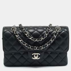 Pre Owned Chanel Black Quilted Caviar Leather Small Classic Double Flap Bag