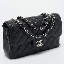 Pre Owned Chanel Black Quilted Caviar Leather Small Classic Double Flap Bag
