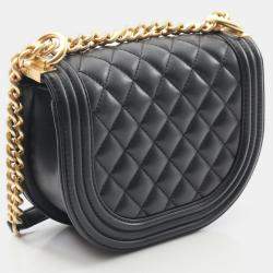Pre Owned Chanel Boy Chanel Small Black Lambskin Shoulder Bag GHW 