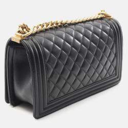 Pre Owned Chanel Boy Chanel Coco CC Black Lambskin Shoulder Bag GHW 
