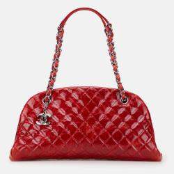 Pre Owned Chanel Red Large Glazed Calfskin Mademoiselle Bowling Bag