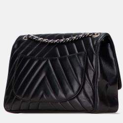 Pre Owned Chanel Black Jumbo Chevron Lambskin Leo Lion Flap