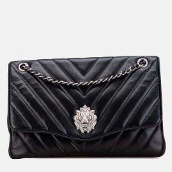 Pre Owned Chanel Black Jumbo Chevron Lambskin Leo Lion Flap