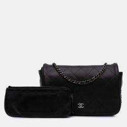 Pre Owned Chanel Black CC Quilted Lambskin Full Flap Wallet on Chain