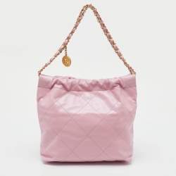 Pre Owned Chanel Light Pink Quilted Shiny Leather Small 22 Bag
