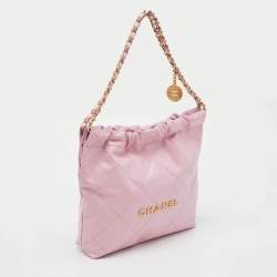 Pre Owned Chanel Light Pink Quilted Shiny Leather Small 22 Bag