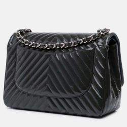 Pre Owned Chanel Navy Blue Jumbo Classic Chevron Patent Double Flap