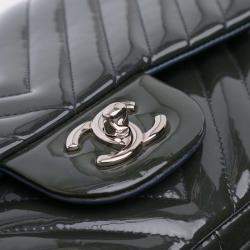 Pre Owned Chanel Navy Blue Jumbo Classic Chevron Patent Double Flap