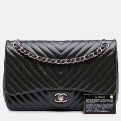 Pre Owned Chanel Navy Blue Jumbo Classic Chevron Patent Double Flap