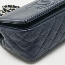 Pre Owned Chanel Navy Blue Quilted Caviar Leather Medium Timeless CC Flap Bag